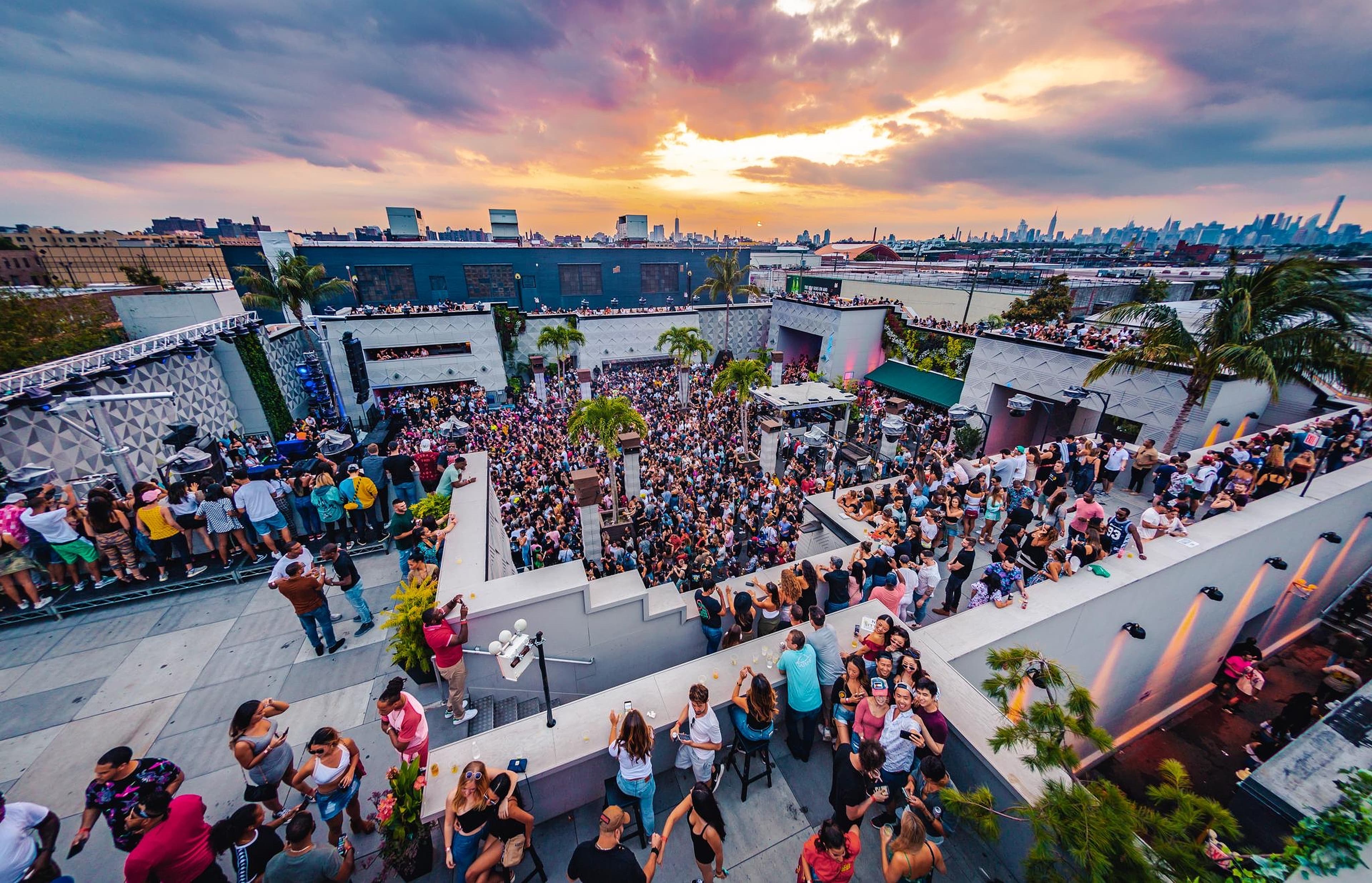 Open-air music setup at golden hour